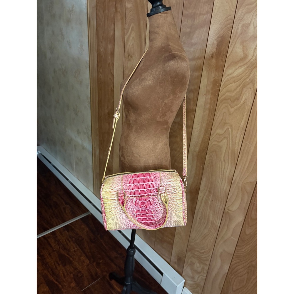Satchel Handbag Pink Yellow Crocodile Croc‎ Embossed Leather Crossbody Bag NWOT